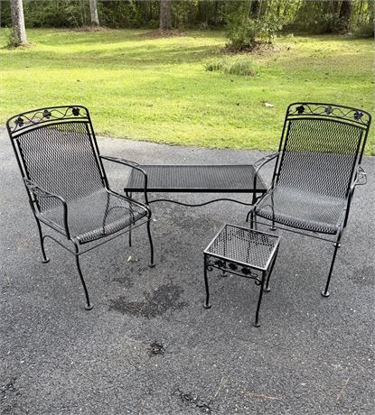 Black Wrought Iron Table and 2 Chairs Set with 1 Foot Stool