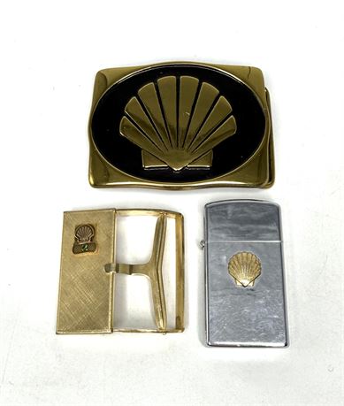 Vintage Shell Oil Collectible Lot - Lighter and Belt Buckles