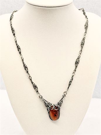 Sterling Silver Art Nouveau Style Necklace With Amber Gemstone