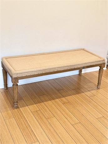 Wood Bench With Burlap Upholstered Top