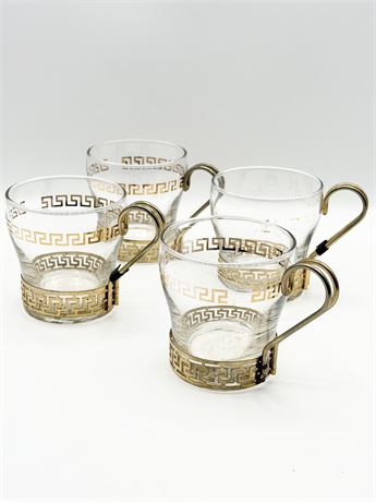 LIBBEY GLASS ~ Greek Key ~ Coffee Cup With Metal Handle Set Of (4)