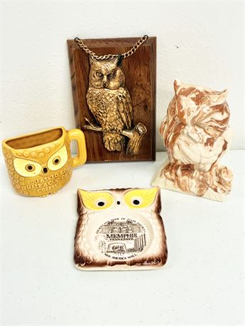 (4) Assorted Vintage Owl-Themed Decor Items
