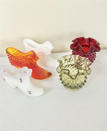 FENTON ~ Assortment of 4 Glass Hobnail Pcs & 1 Signed Glass Satin Slipper