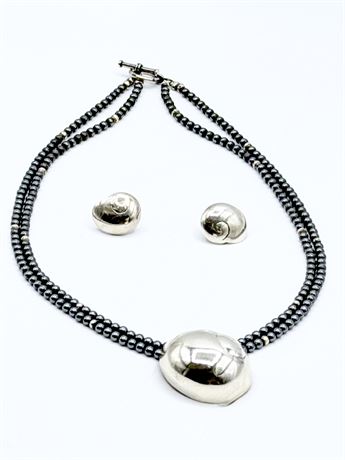 MIGNON FAGET ~ Shell Pendant On A Double Hermatite Necklace W/ Matching Earrings