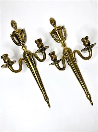 Pair of French Style Brass Candlestick Holder Wall Sconces - Made in Korea