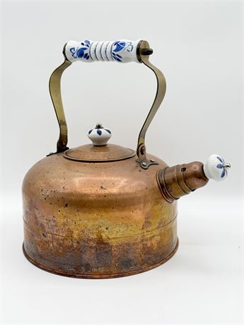 Copper Kettle With White & Blue Ceramic Handle