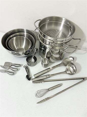 TRAMONTINA/M STEWART ~ Lot of 27 Assorted Stainless Steel Kitchen Ware