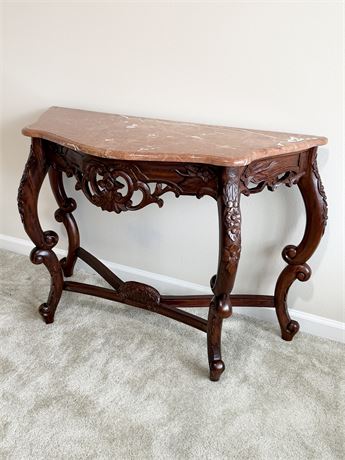 Carved Mahogany Console Table With Marble Top