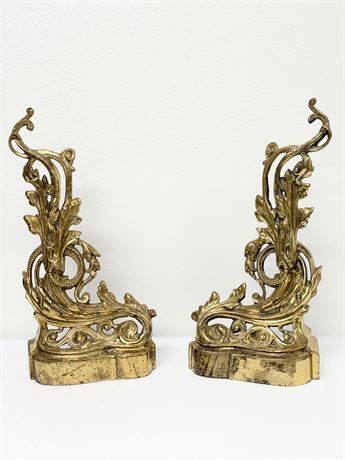 Solid Brass Ornate Leaf Scrollwork Andirions