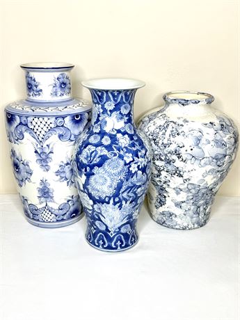 Lot of 3 Blue and White Ceramic Vases