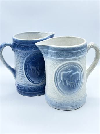 Pair (2) ~ Blue & White Stoneware Milk Pitchers With Cow Design