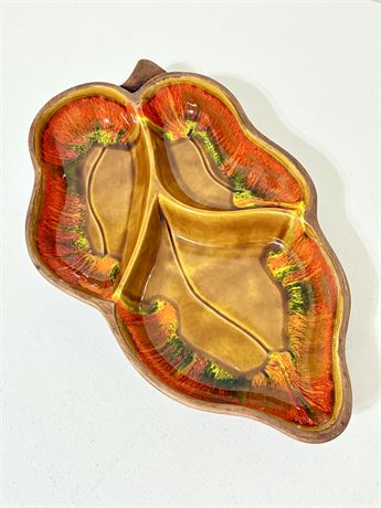 SANTA ANITA WARE ~ MCM Glazed Pottery Leaf Divided Serving Dish