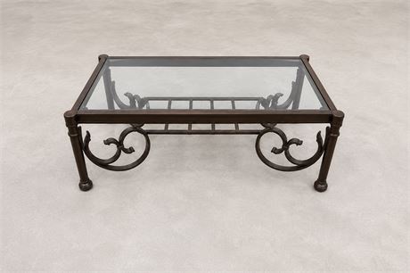 Vtg ~ Iron And Glass-Top Coffee Table