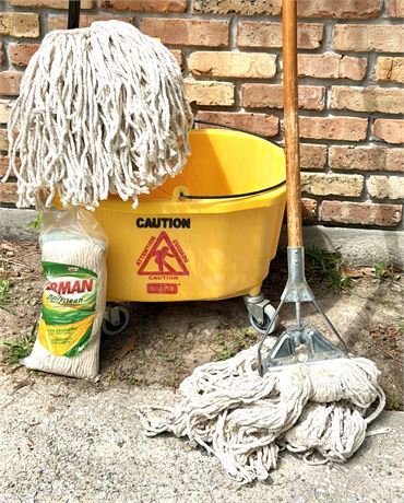 Plastic Yellow Mop Bucket with Side Wringer, Mop, and 2 Spare Mop Heads