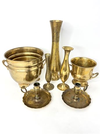 Brass Lot of Pails, Candlestick Holders, and Vases