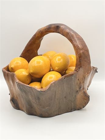 Hand Carved Wooden Basket With 22 Wooden Lemons