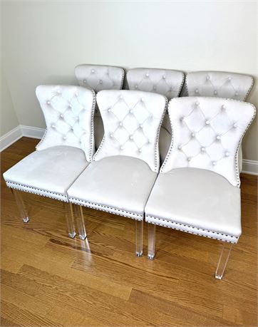 Set of 6 Off White Studded Suede Chairs with Acrylic Legs and Metal Pull Ring