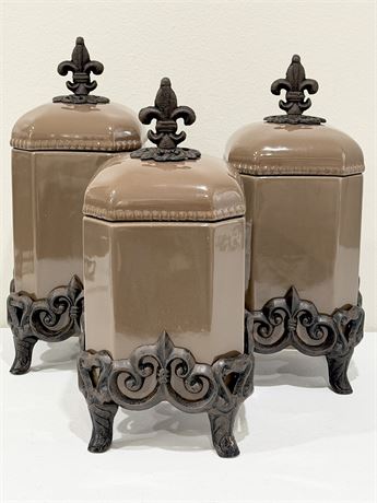 Fleur De Lis Canisters With Iron Stands ~ Set Of 3