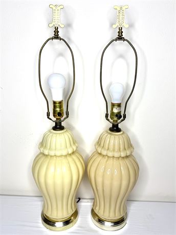 Vintage Set of 2 Taupe Ceramic Ginger Jar Lamps with Asian Finials