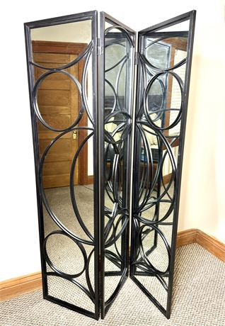 Black Metal Circular Geometric Trifold Mirror Room Divider