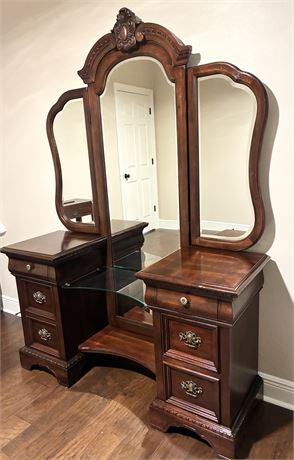 WYNWOOD ~ Solid Wood Vanity W/ Tri-Fold Mirror & Glass Top
