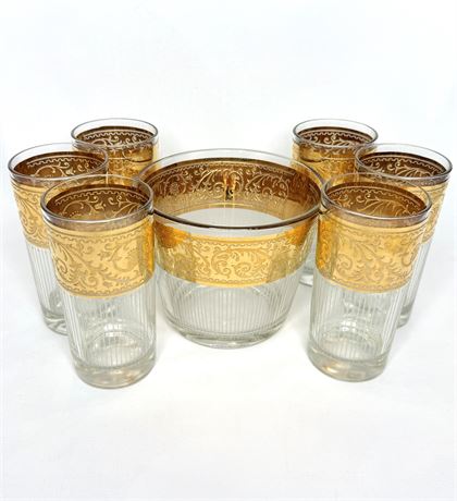 6 MCM 22k Gold Rimmed Starlyte Culver Highball Glasses and Ice Bucket