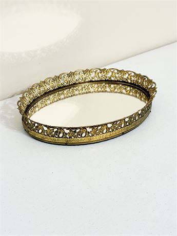 Vintage Hollywood Regency Style Mirrored Oval Vanity Tray