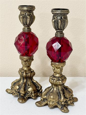 Pair (2) ~ Vtg. Brass & Red Lucite Candle Holders