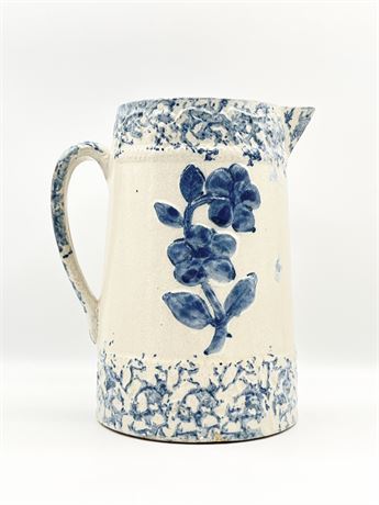 Blue White Spongeware Stoneware Pitcher Floral Design