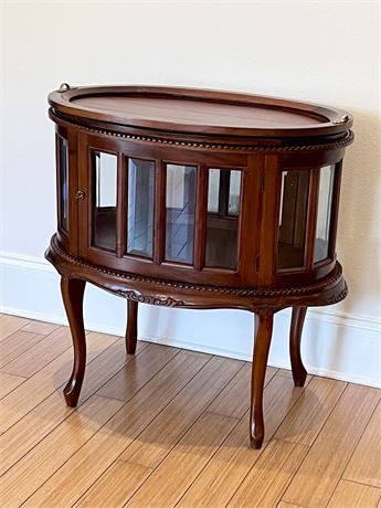 Mahogany Oval Curio Cabinet Table With Butler Tray And Beveled Glass