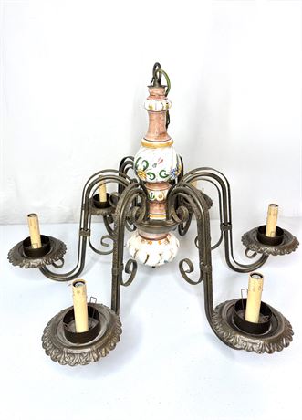 Tuscan-Style 6-Arm Chandelier with Ceramic and Textured Iron Frame