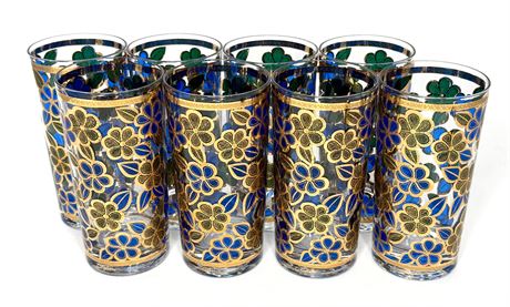 Set of 8 MCM Culver Highball Glasses with Floral Print and 22k Gold Leaf Accents