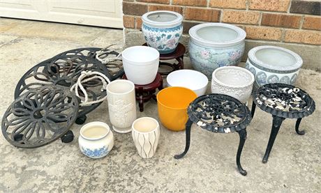 Ceramic Flower Pot and Plant Stand Lot - Cast Iron Plant Stands, Decorative Pots