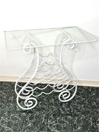 Vintage White Wrought Iron Wine Rack Table with Glass Top