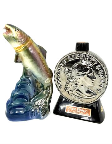 1969 and 1970 Ezra Brooks Decanters - Rainbow Trout and Liberty Coin