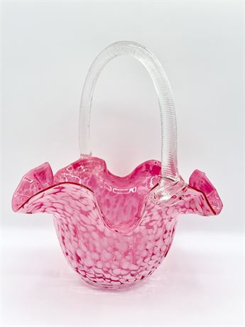 ??FENTON Style Pink Art Glass Basket With Ruffled Rim