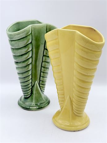 USA POTTERY ~ Pair (2) Art Deco Ceramic Fan Vases