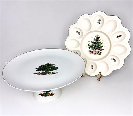 2 Vintage Pieces - Christmas Cake Pedestal Plate and Egg Plate - JAPAN and Nikko