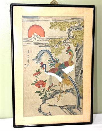 Vintage Painting of Two Birds Hand Painted in Korea