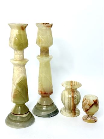 Lot of 2 Marble Candlestick Holders, Bud Vase, and Small Goblet