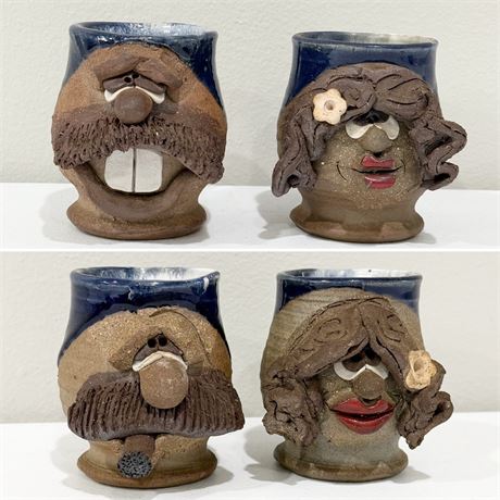 Vtg. Funny Face Coffee Mugs Made Of Pottery ~ Set Of Four (4)