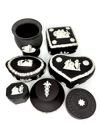 Lot of 7 Vintage Wedgwood Black Jasperware Pill Boxes, Trinket Boxes, and More!