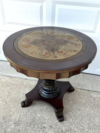Vintage Round Pedestal Accent Table with Intricate Floral Inlay