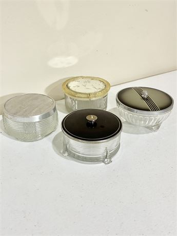 (4) Vintage Art Deco Ribbed-Glass Vanity / Powder Jars