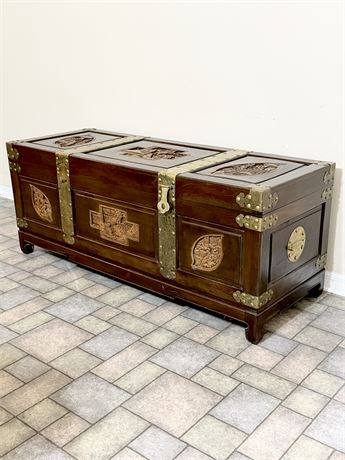 Solid Carved Wood Chest With Decorative Brass Hardware