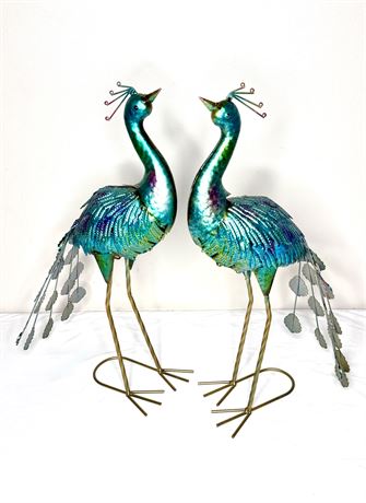 Pair of Iridescent Metal Peacock Sculptures