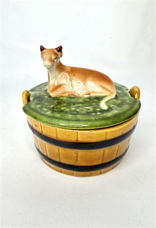 Vtg Secla Ceramic Lidded Butter Dish - Cow Resting on Barrel - Portugal