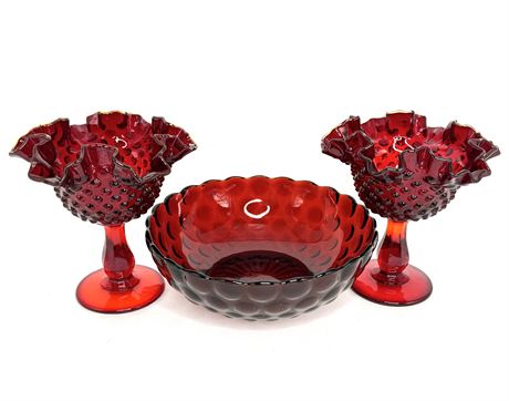 Vintage Fenton Ruby Red Hobnail Goblets and Anchor Hocking Bubble Bowl