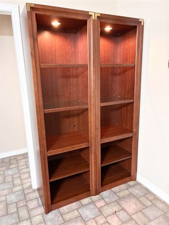 Pair of Traditional Lighted Wooden Bookcases