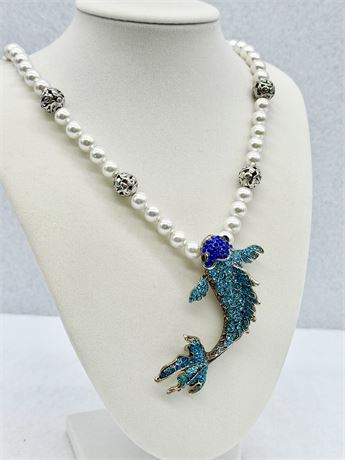 Fashion ~ Blue Crystal Koi Fish On Pearl Beaded Necklace